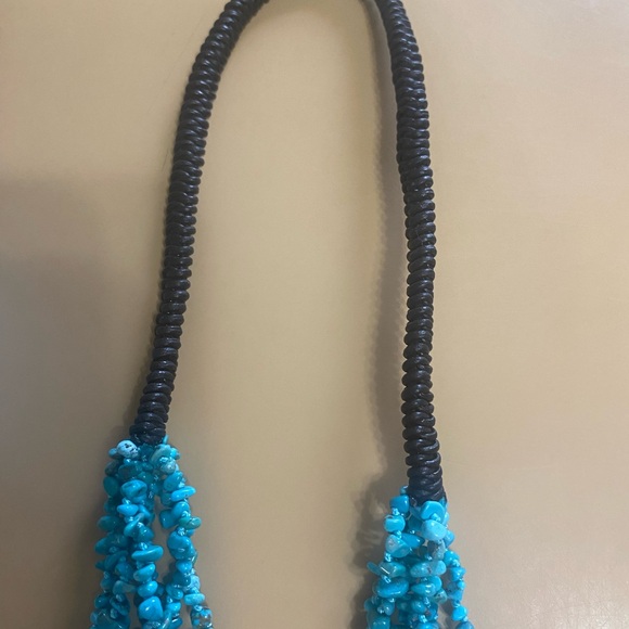 American West Turquoise & Leather Multi-Strand Necklace 15” long. - Picture 4 of 6